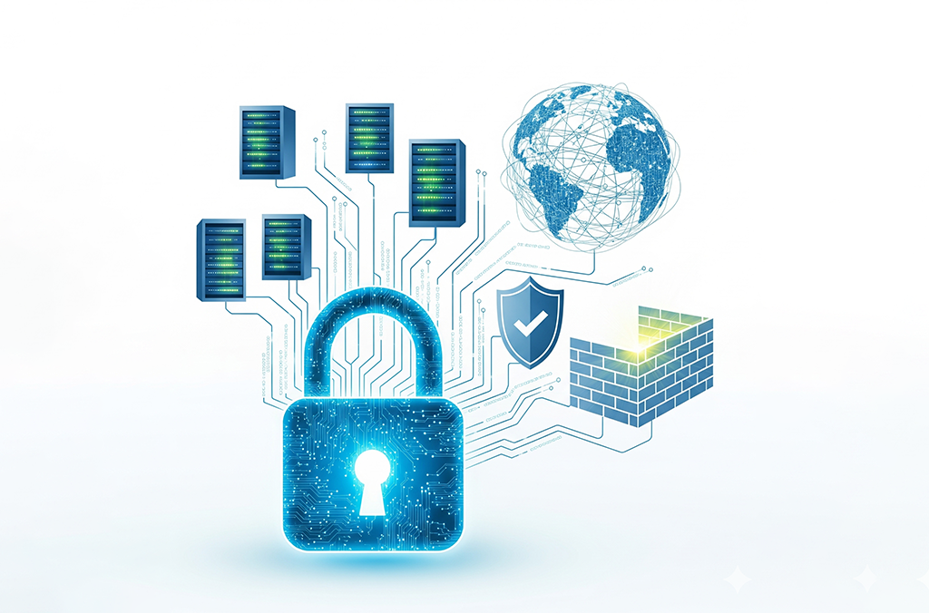 Digital lock icon overlaid on server room background, symbolizing network security.